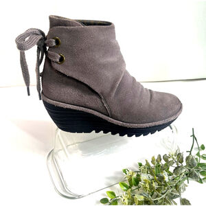 Fly London Boots Gray Suede Slouch Wedge Ankle Booties Lace Size 37 EU‎ 6.5-7 US